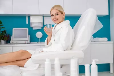 Happy Adult Female Sitting IV Therapy Chair Image